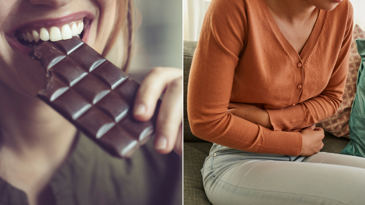Image divisée d'une femme mangeant du chocolat et d'une femme serrant le ventre de douleur