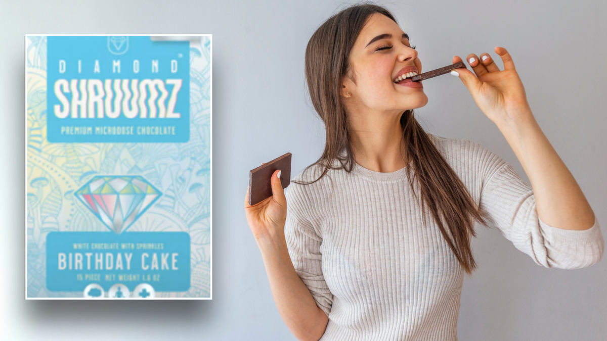 Image divisée d'un chocolat aux champignons et d'une femme mangeant du chocolat