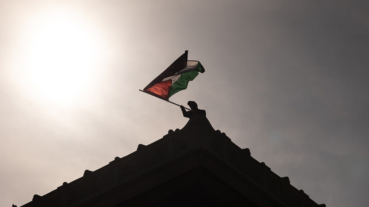 Un manifestant pro-palestinien brandit un drapeau sur le toit du Hamilton Hall de l'Université Columbia