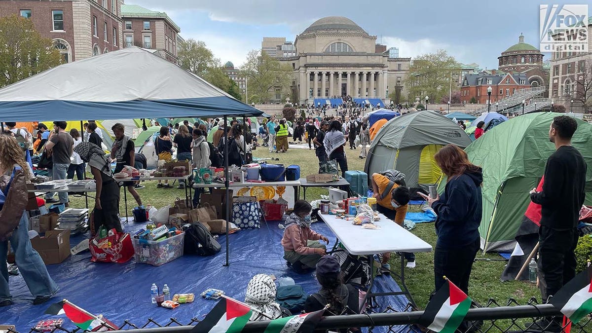 Les manifestants de l'Université de Columbia ont installé un campement rempli de tentes, de keffiehs et de tables pliantes