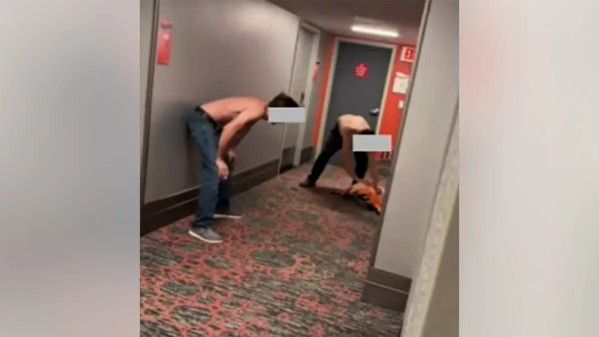 Deux hommes dans un couloir tentent d'attraper un flamant rose.
