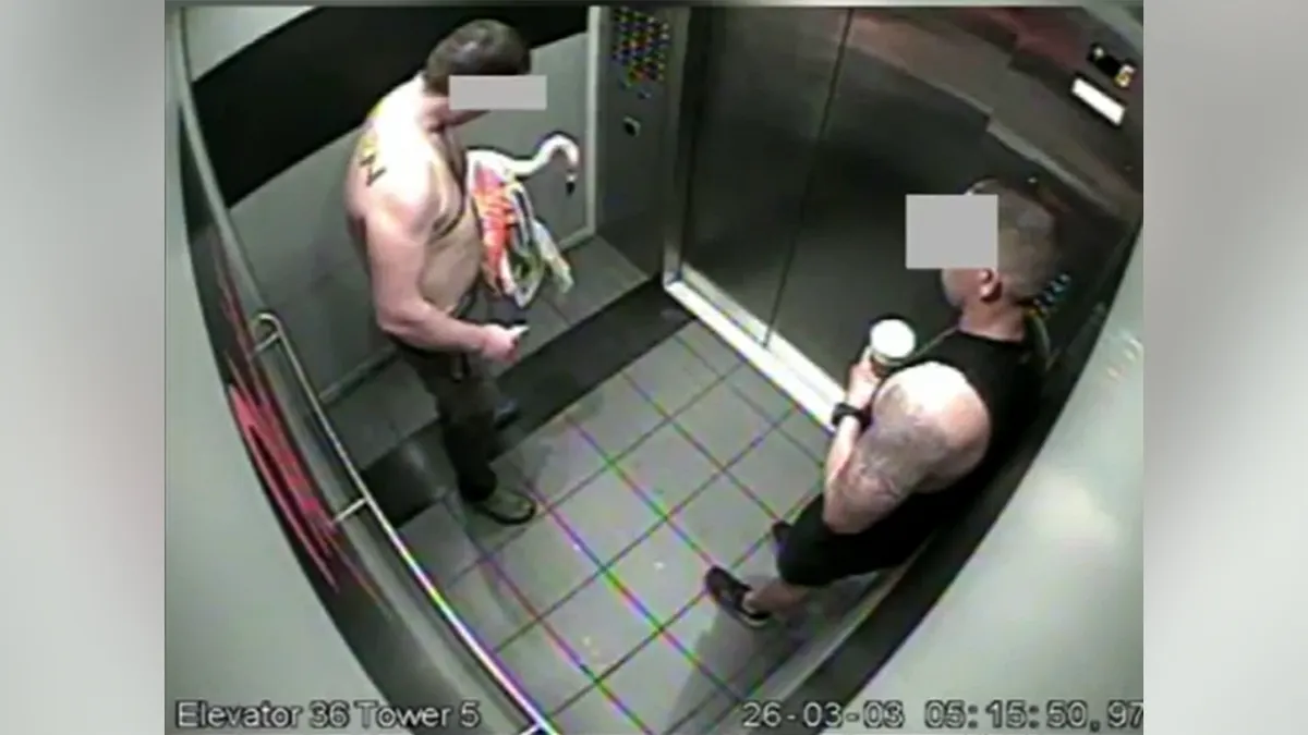 Vidéo de surveillance de deux hommes avec un flamant rose dans un ascenseur.