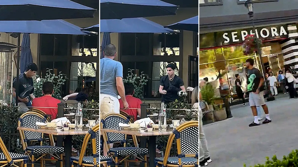 photo divisée d'un homme en chemise noire combattant un homme allongé sur le sol tandis qu'un autre fuyant les lieux